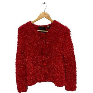 Michael Simon Red Fuzzy Sweater Cardigan S Soft Shaggy Knit Button Down Front